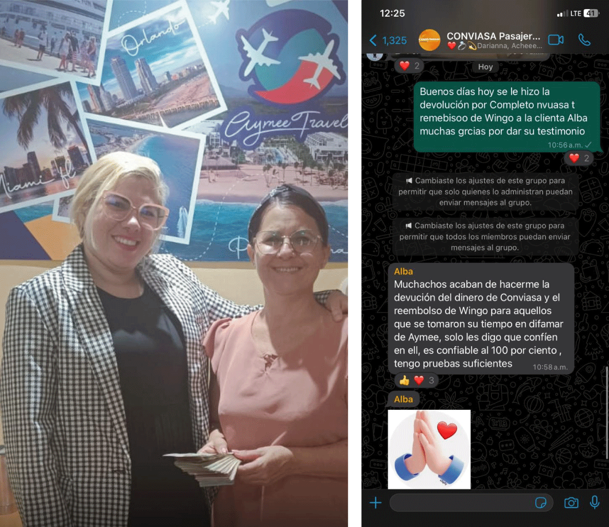 Una de las clientas a quienes Aymee Travels reembolsó dinero. Se puede leer en una captura de pantalla en WhatsApp notificando a la comunidad al respecto.