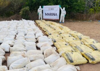 En la operación se aseguró 103 kilogramos de metanfetamina lista para venderse en el mercado negro de droga, más 27 mil 350 litros de sustancias químicas líquidas y 19 mil 860 kilogramos de sustancias químicas sólidas, informó la Marina. Imagen cortesía de la Semar