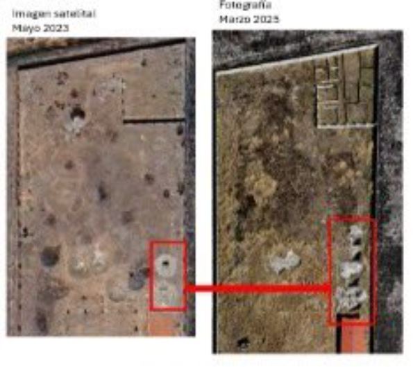 Marzo 2025: Se observan en fotografía (crédito @35mmfotografia), por lo menos 3 agujeros, donde, para mayo de 2023 se observaba solamente un agujero y ya no se observan la mayoría de figuras circulares con bordes irregulares.