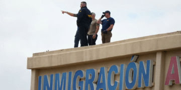 Agentes del orden revisan el techo de un edificio de apartamentos cerca donde hubo un tiroteo contra una oficina del ICE.