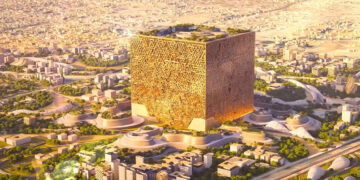 Mukaab, un colosal rascacielos con forma de cubo en el centro de Riad.