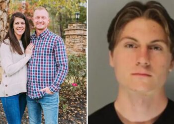 Jason Hughes con su esposa Laura, ambos profesores de matemáticas en la escuela secundaria North Hall. A la derecha, el joven detenido