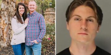 Jason Hughes con su esposa Laura, ambos profesores de matemáticas en la escuela secundaria North Hall. A la derecha, el joven detenido