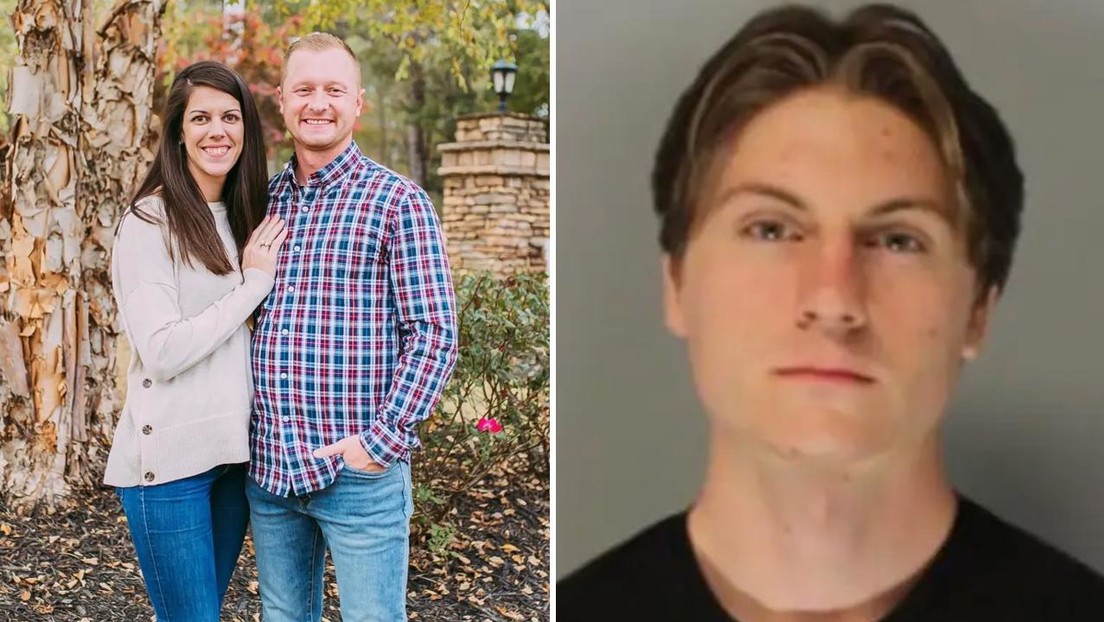 Jason Hughes con su esposa Laura, ambos profesores de matemáticas en la escuela secundaria North Hall. A la derecha, el joven detenido