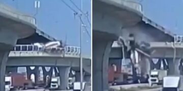 VIDEO Camión de hormigón cae a toda velocidad en una transitada autopista