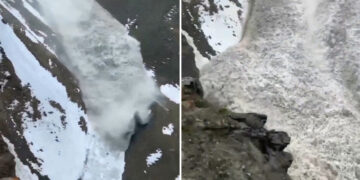 Una avalancha masiva desciende sobre una cascada y el video parece sacado de otro planeta