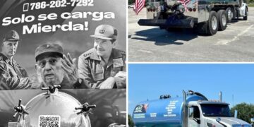 Camión de limpieza de fosas sépticas con rostros de Fidel, Raúl y Díaz-Canel se vuelve viral en Hialeah