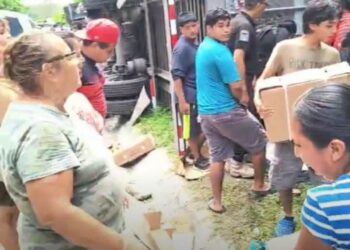 Vuelca tráiler cargado de carne en Pueblo Viejo y la gente se lleva el producto en lugar de auxiliar al conductor